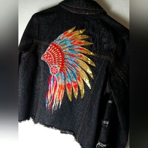 Embroidered Denim Jacket with Colorful Feather Design